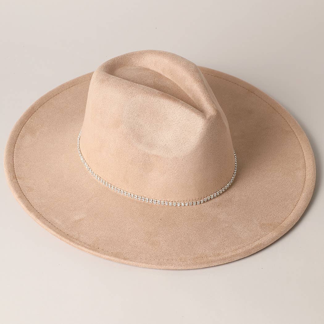 Rhinestone Wide Flat Brim Suede Fedora Hat