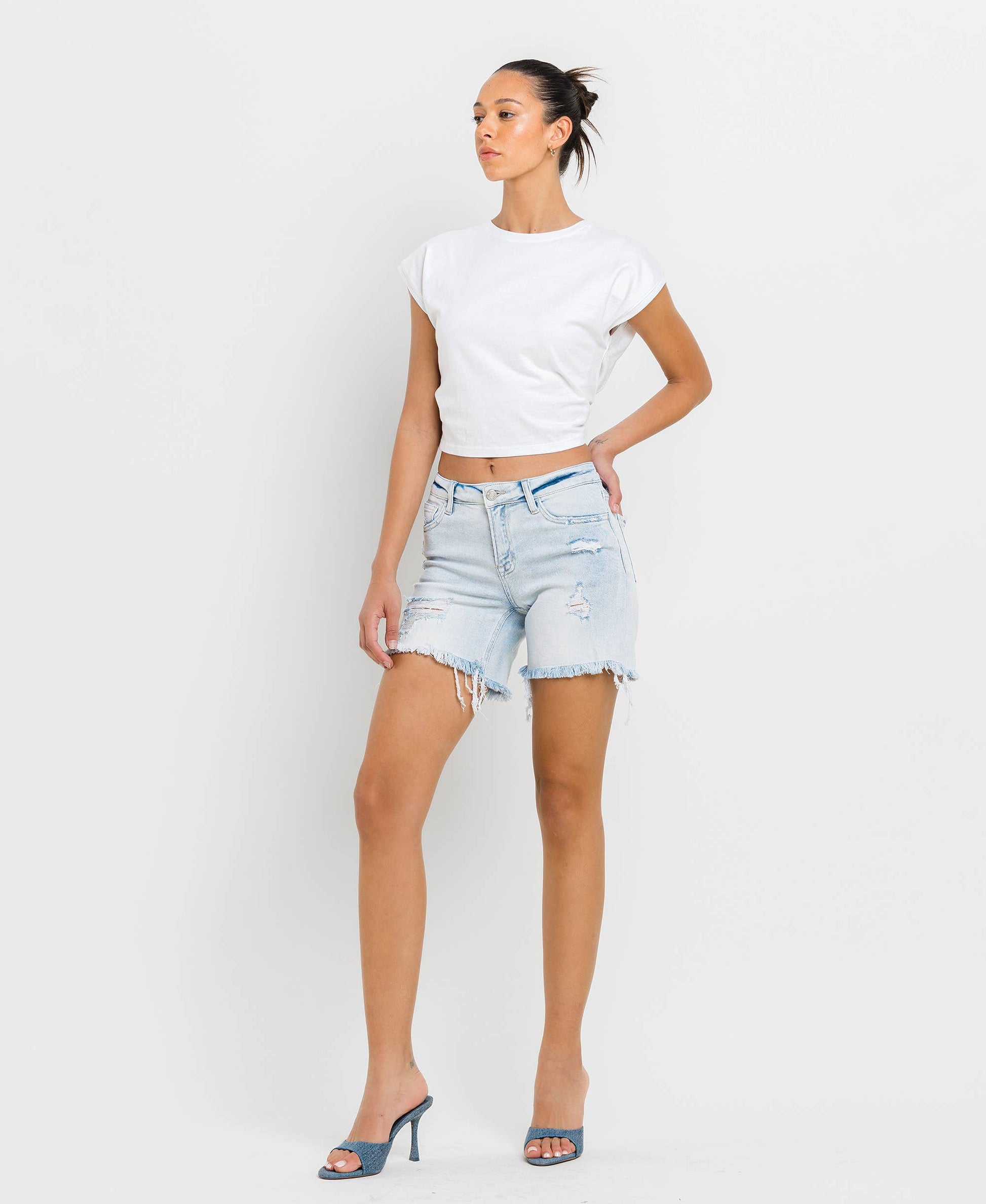 VERVET MID RISE DISTRESSED STRETCH SHORTS APPRECIATION