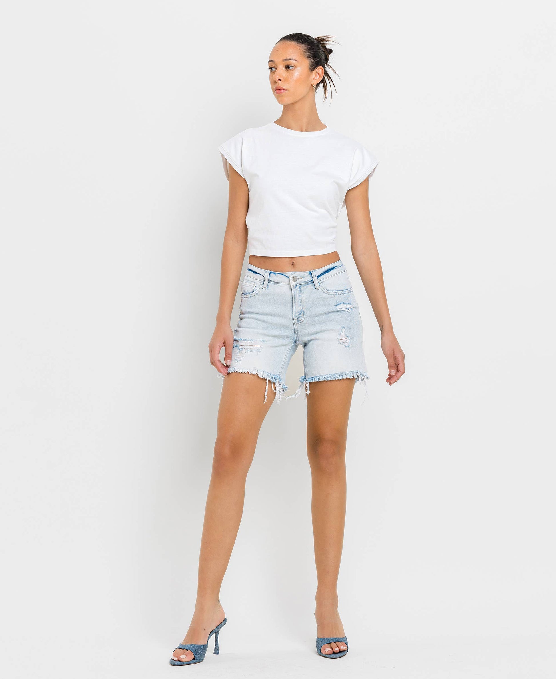 VERVET MID RISE DISTRESSED STRETCH SHORTS APPRECIATION
