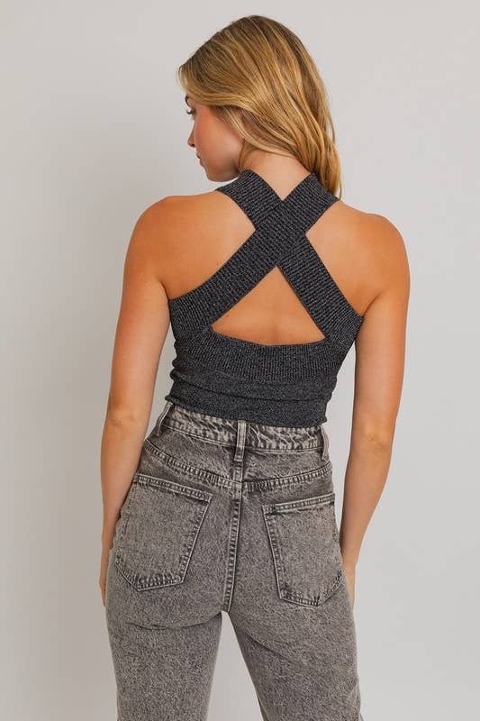 Criss Cross Halter Band Sweater Bodysuit