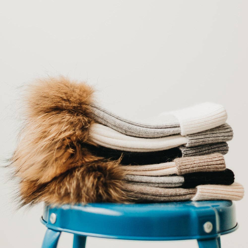 2 Tone Angora Knit Fur Pom Beanie