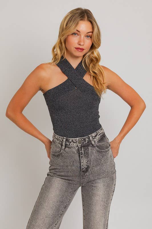 Criss Cross Halter Band Sweater Bodysuit