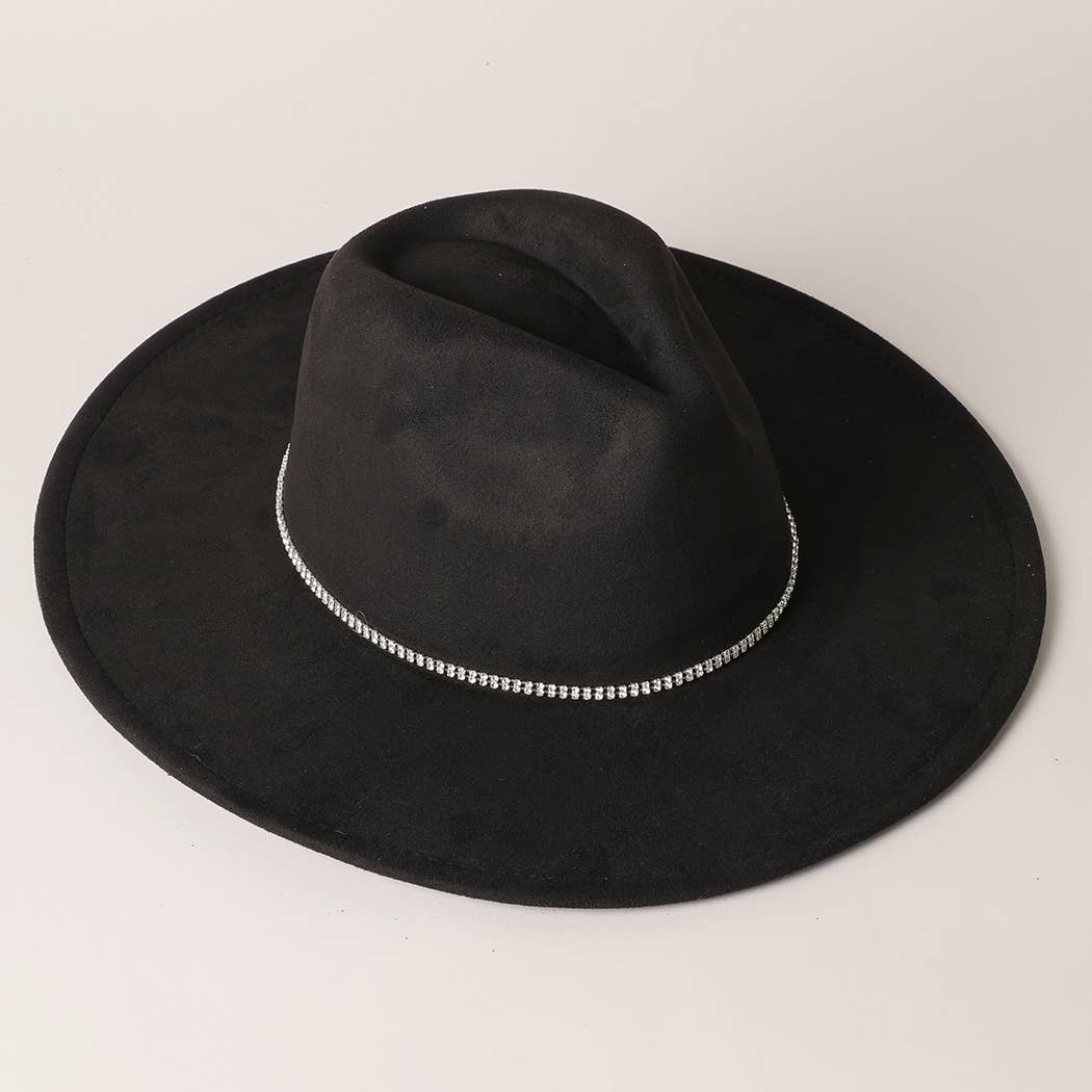 Rhinestone Wide Flat Brim Suede Fedora Hat