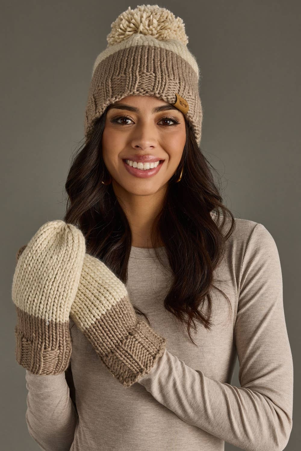 Beige & Taupe Color Block Pom Hat