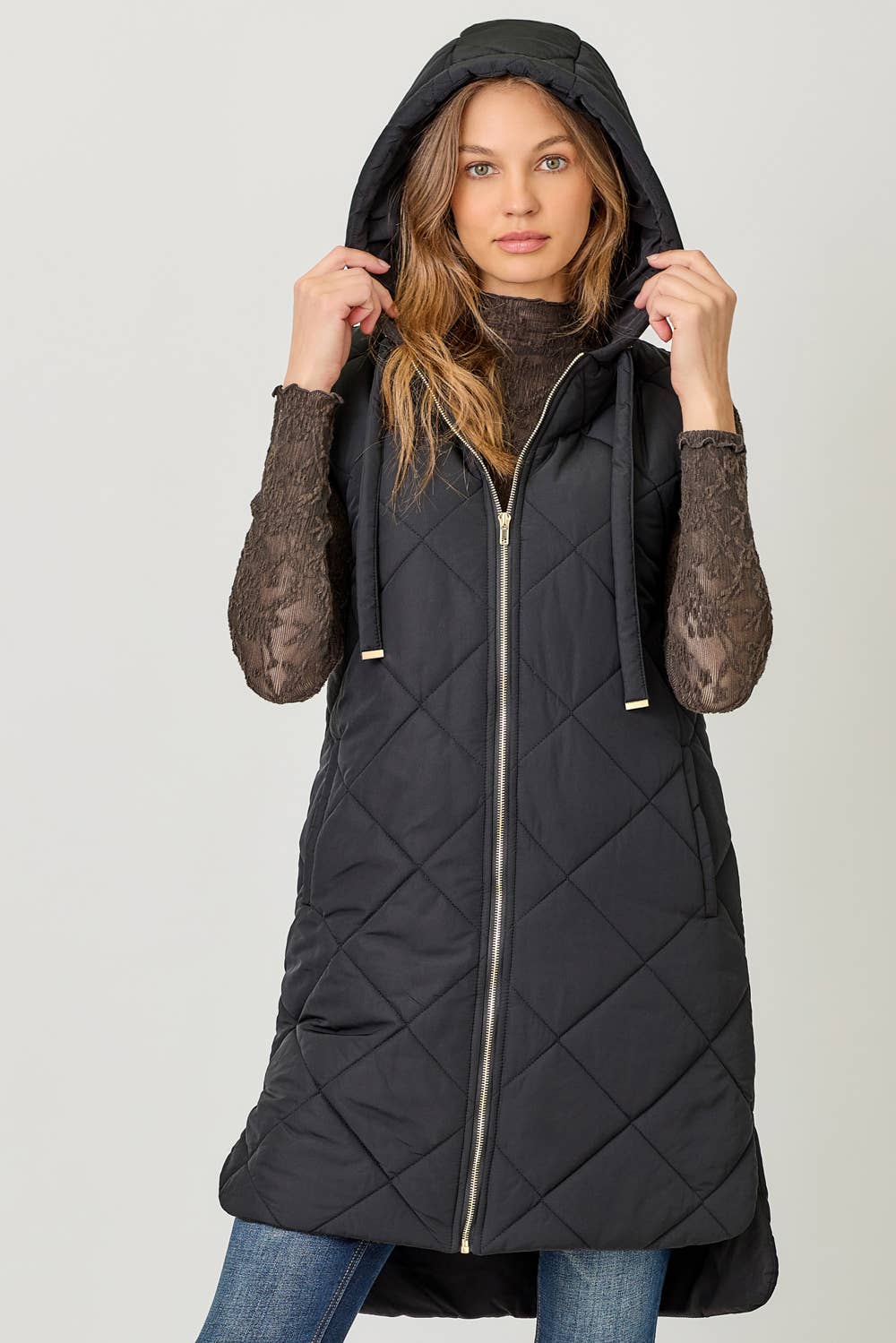 Quilted Puffer Long Hoodie Vest