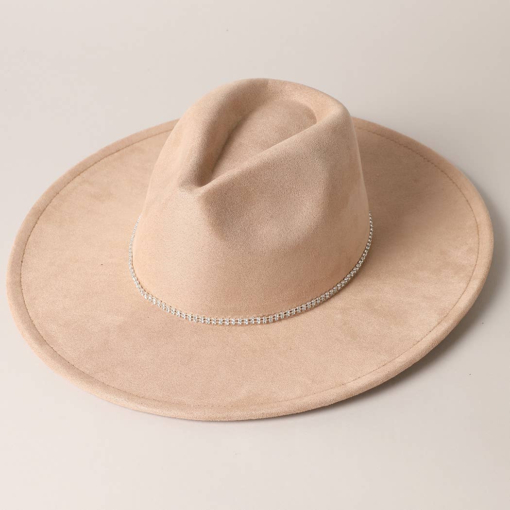 Rhinestone Wide Flat Brim Suede Fedora Hat