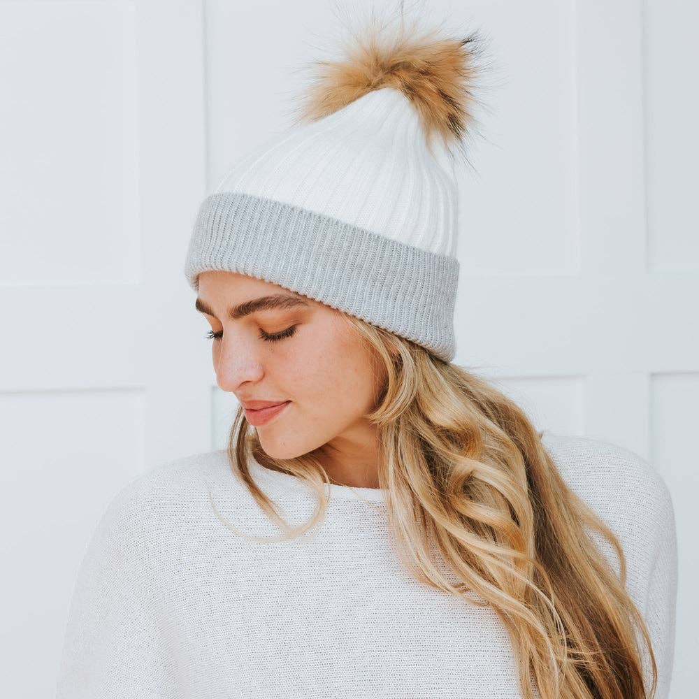 2 Tone Angora Knit Fur Pom Beanie