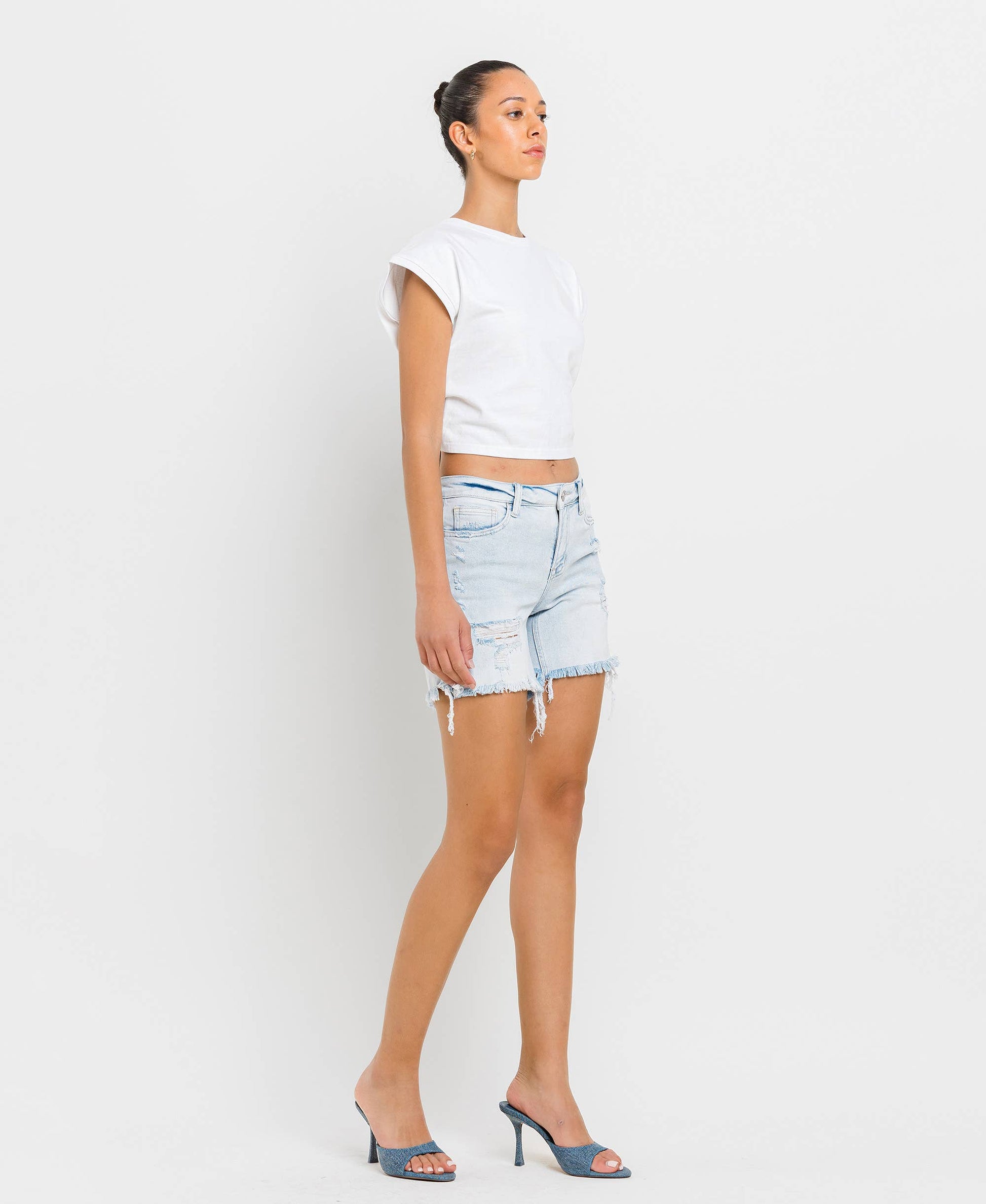 VERVET MID RISE DISTRESSED STRETCH SHORTS APPRECIATION