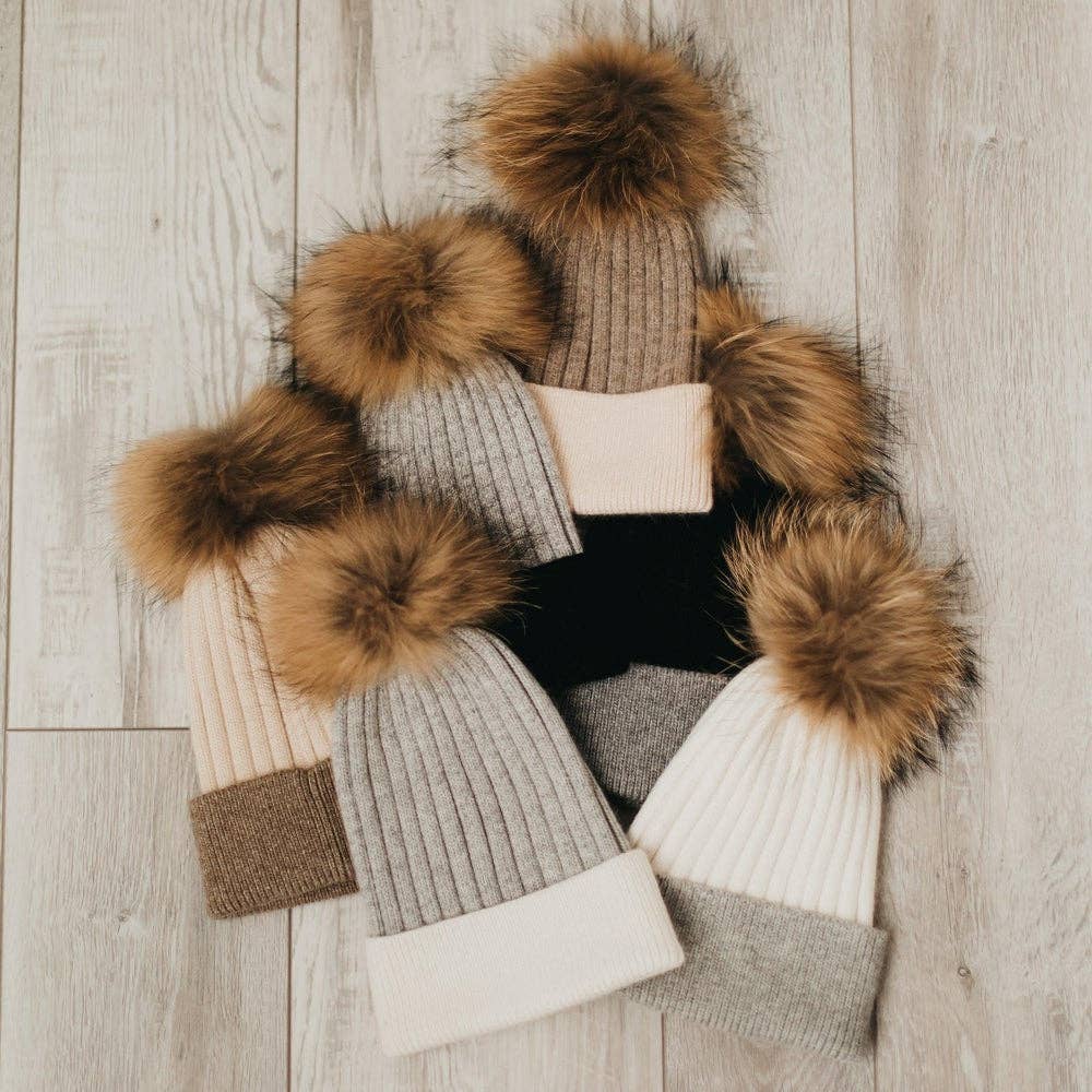 2 Tone Angora Knit Fur Pom Beanie