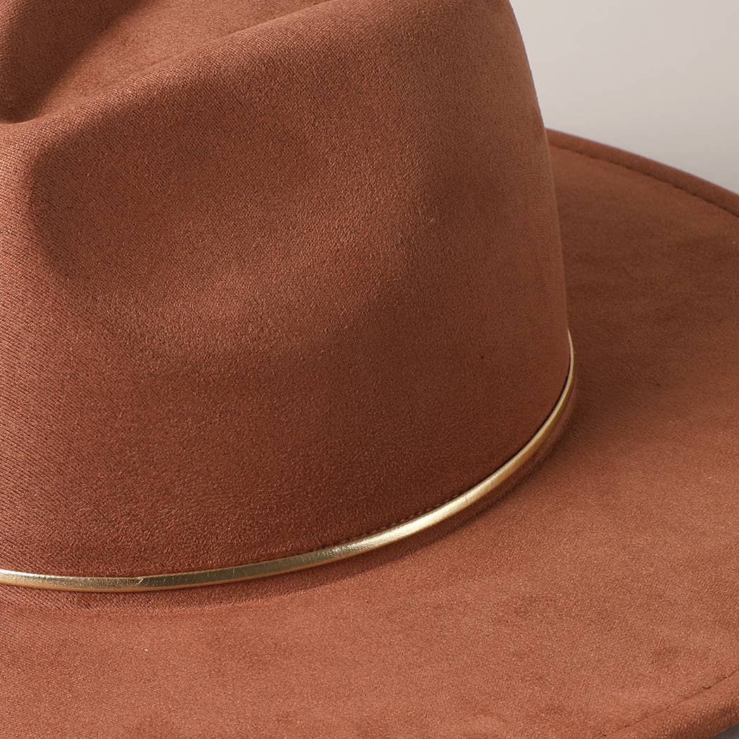 Gold Belt Wide Flat Brim Suede Fedora Hat