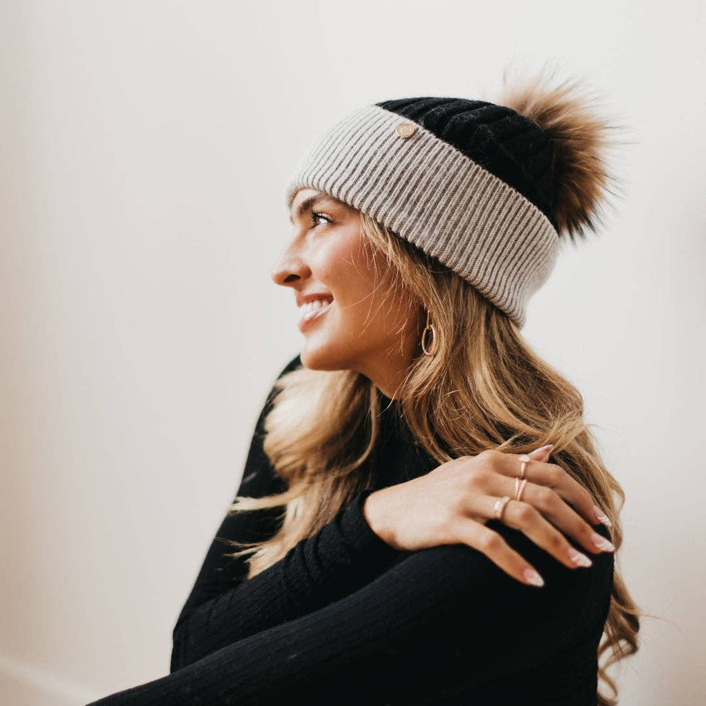 2 Tone Angora Knit Fur Pom Beanie