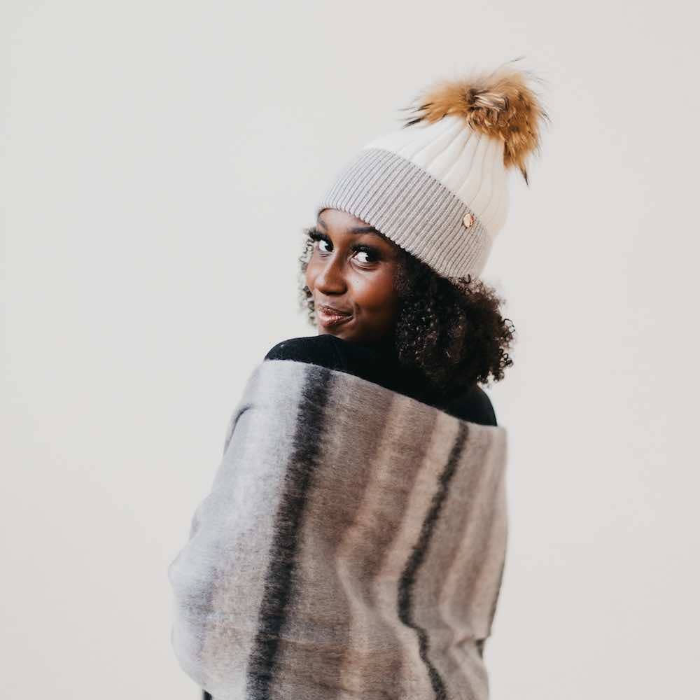 2 Tone Angora Knit Fur Pom Beanie