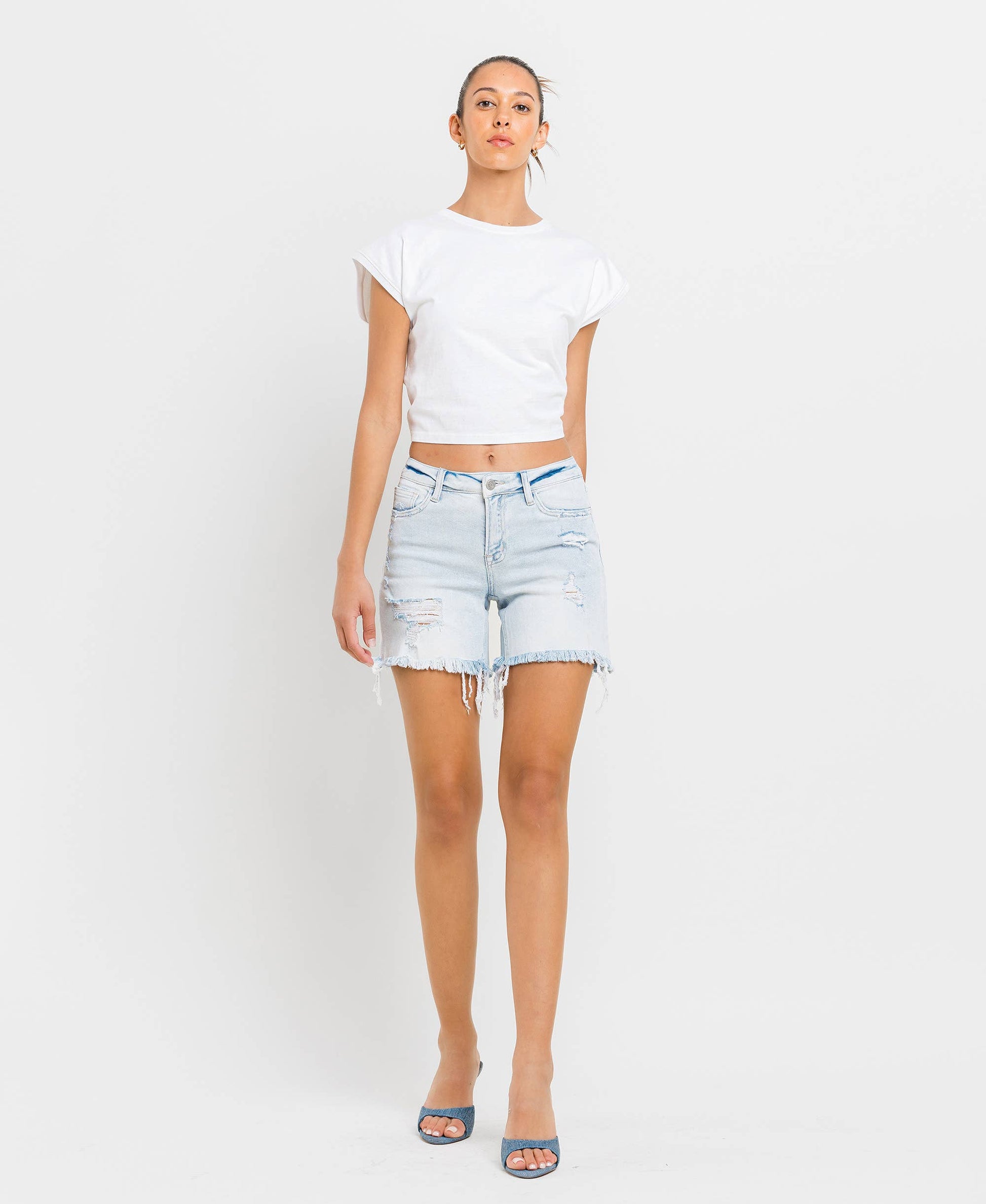 VERVET MID RISE DISTRESSED STRETCH SHORTS APPRECIATION