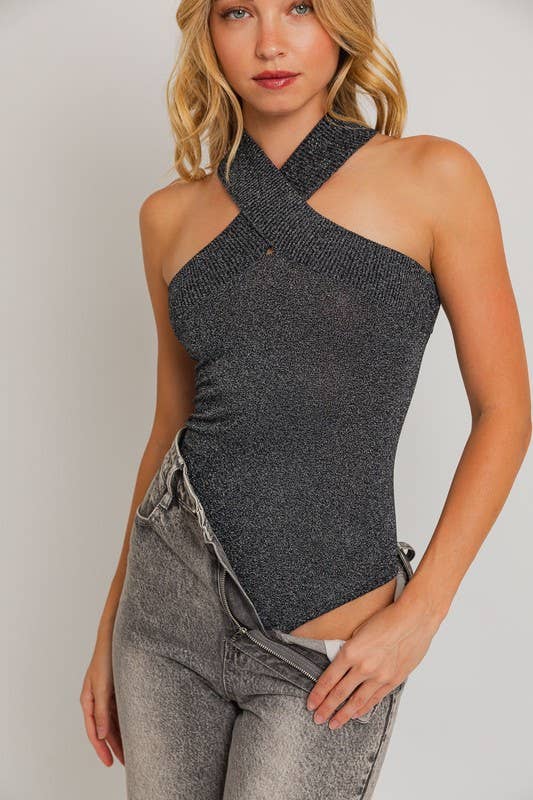 Criss Cross Halter Band Sweater Bodysuit