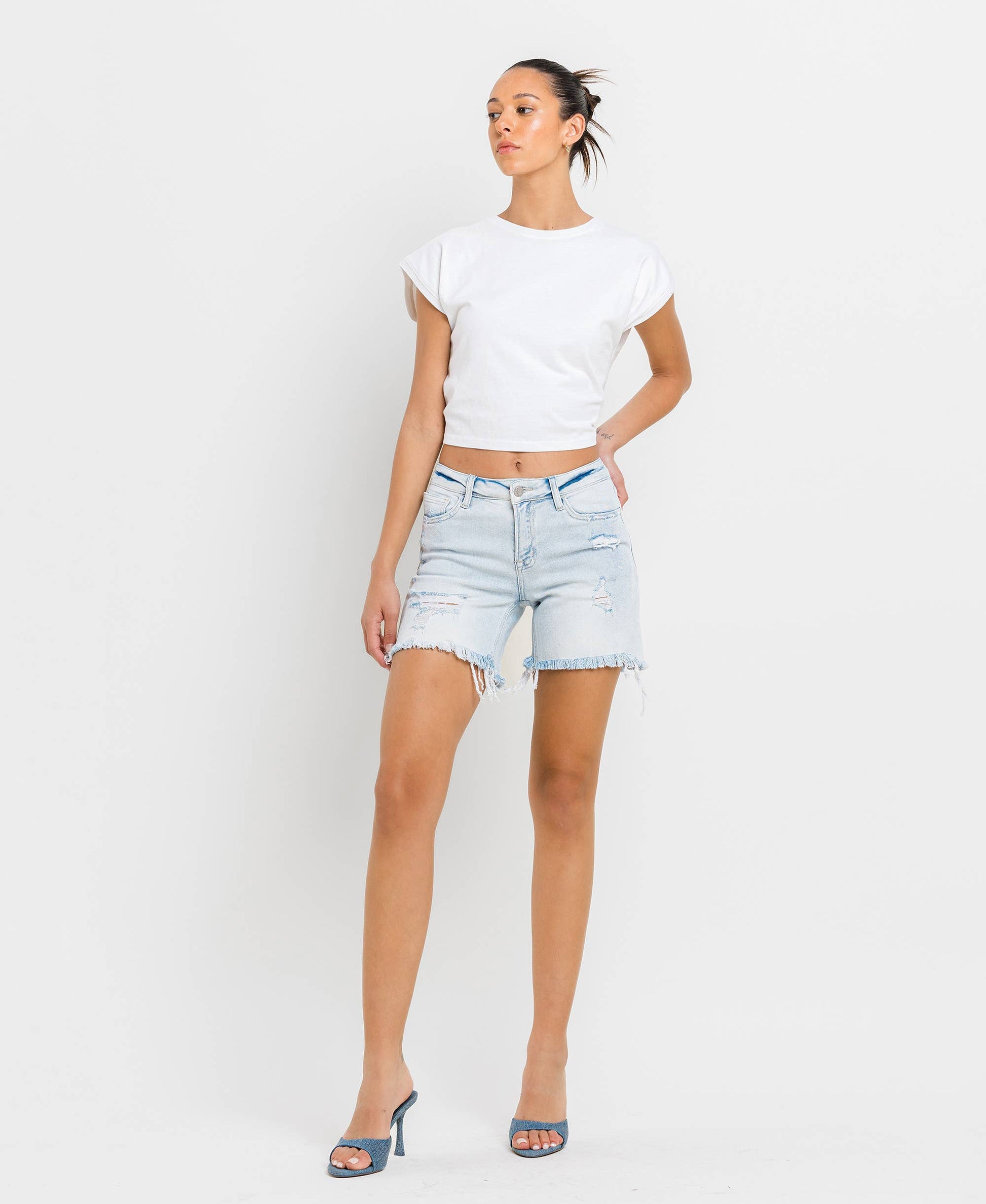 VERVET MID RISE DISTRESSED STRETCH SHORTS APPRECIATION