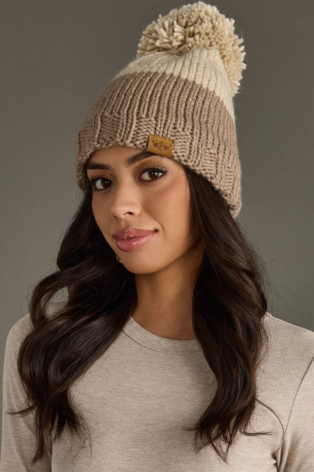 Beige & Taupe Color Block Pom Hat