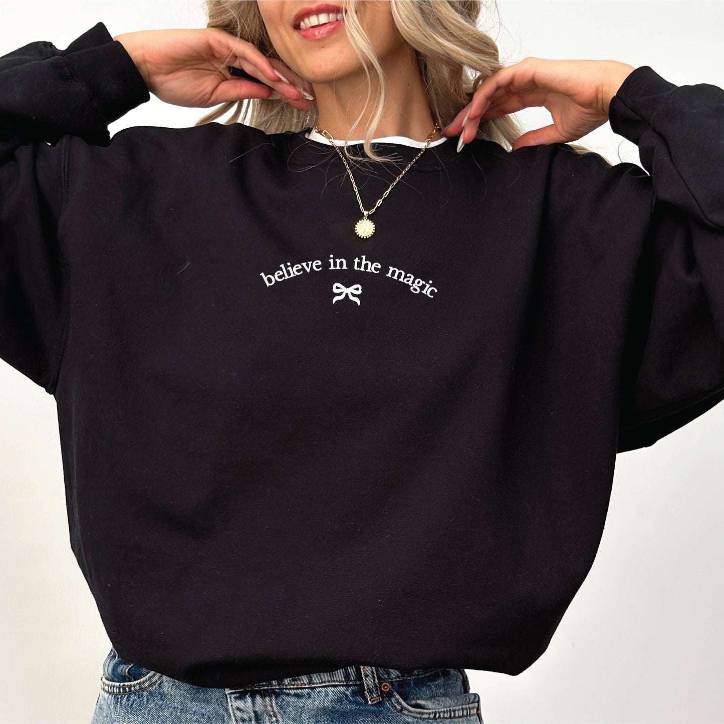 Embroidered Christmas Sweatshirt Holiday Crewneck Bow