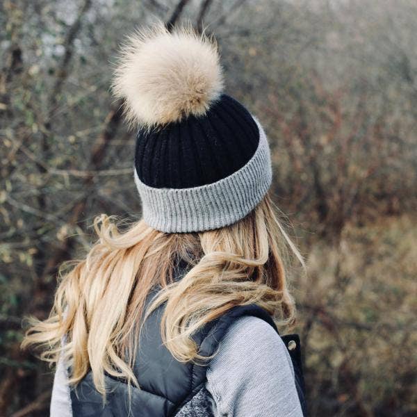 2 Tone Angora Knit Fur Pom Beanie