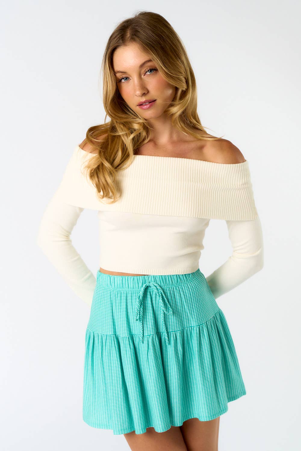 IBT31219 OFF SHOULDER SWEATER CROP TOP