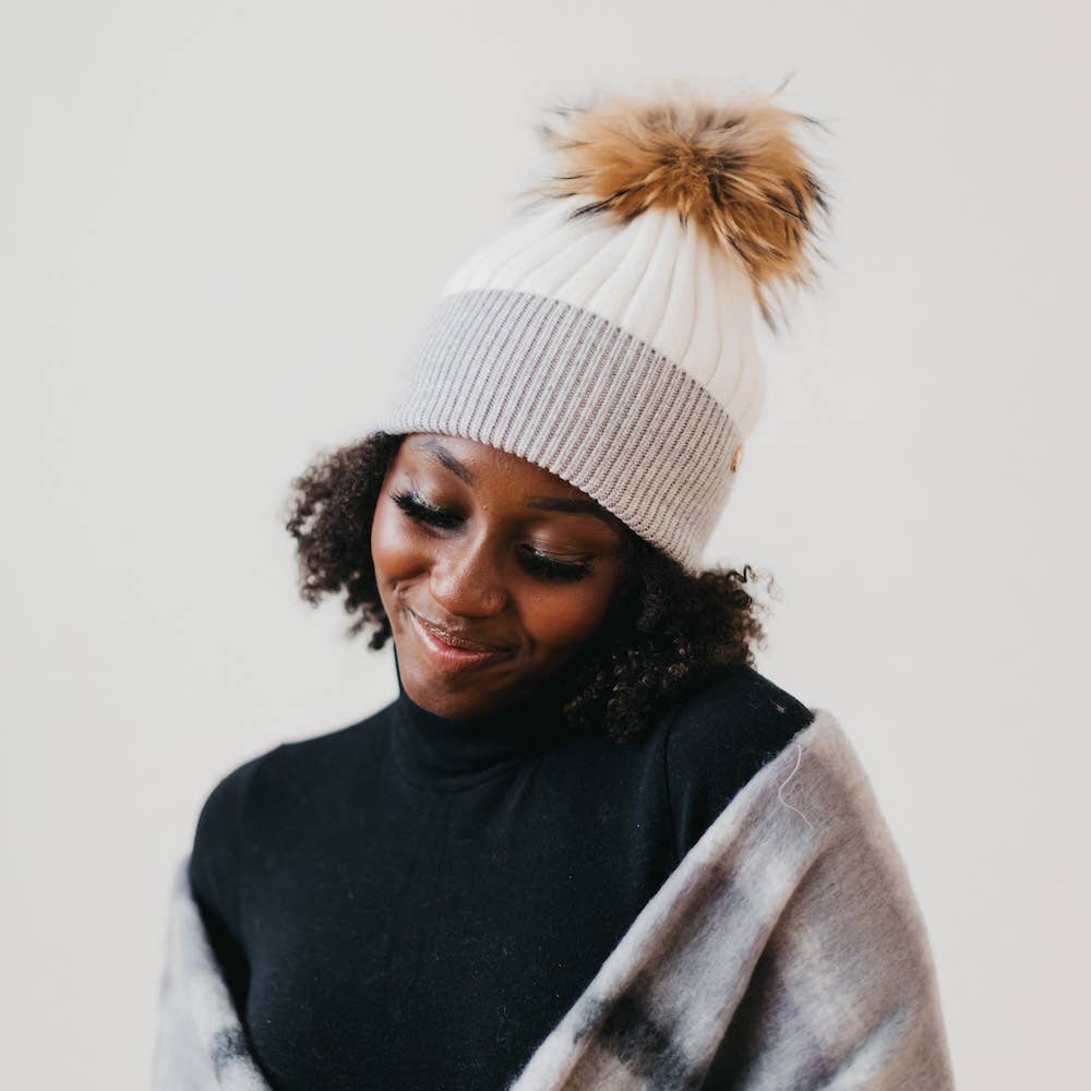 2 Tone Angora Knit Fur Pom Beanie