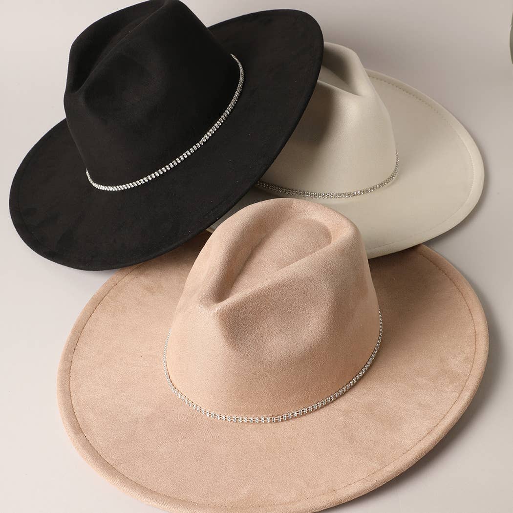 Rhinestone Wide Flat Brim Suede Fedora Hat