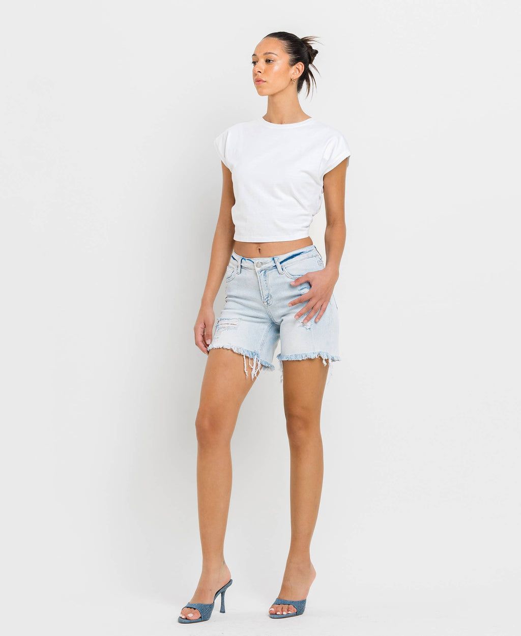 VERVET MID RISE DISTRESSED STRETCH SHORTS APPRECIATION