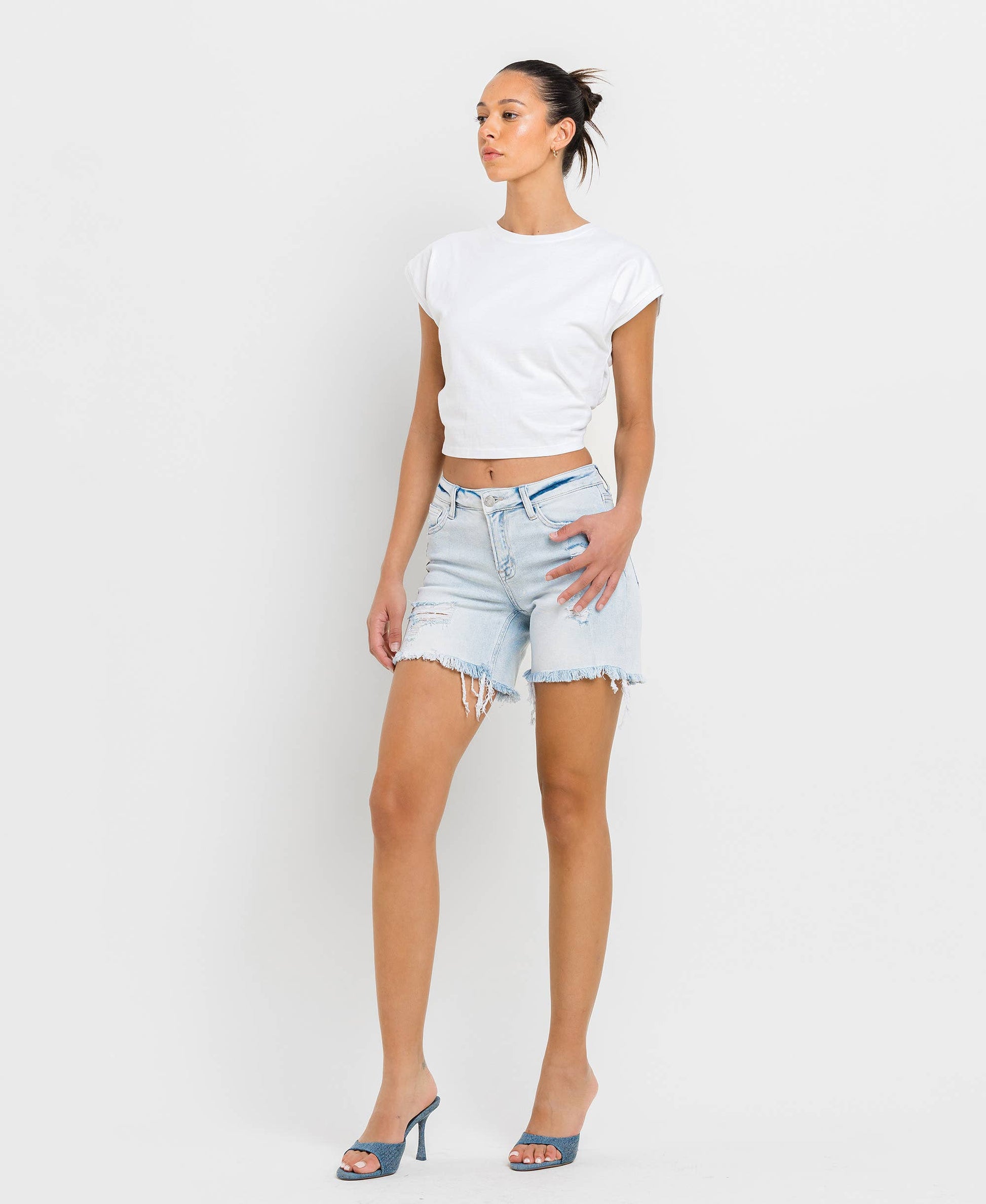 VERVET MID RISE DISTRESSED STRETCH SHORTS APPRECIATION